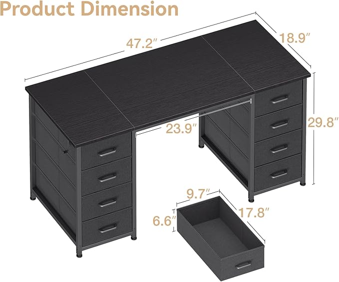 Casaottima 48 Inches Computer Desk with 8 Fabric Drawers, Modern Office Desk with Large Storage for Home Office, Study, Black
