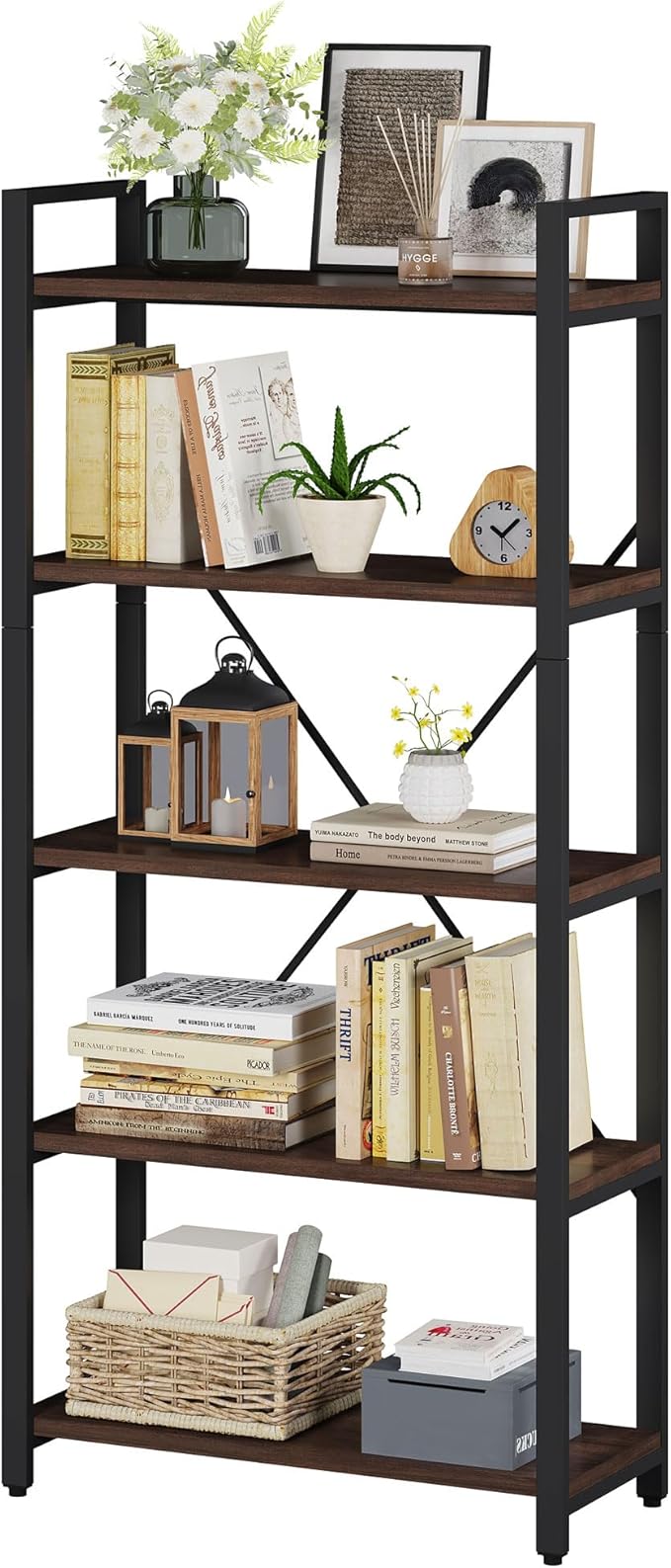 FATORRI 5 Tier Industrial Bookshelf, Rustic Etagere Bookcase for Display, Vintage Shelving Unit Wood and Metal Tall Book Shelves for Home Office (Walnut Brown)