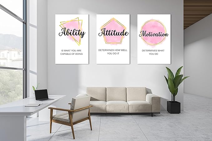 Canvas Wall Art, Motivational Quotes Pink Geometric Figures - 3 Pcs, 24"x36" Framed Artwork for Home Office Decor