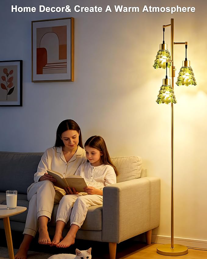 Lightdot 65" Glass Floor Lamps for Living Room, 3-Light Dimmable Floor Lamp with Green Glass Shade& E12 Bulbs Included, Mid Century Standing Tall Lamp for Bedroom/Sofa Beside/Corner Decor-Gold