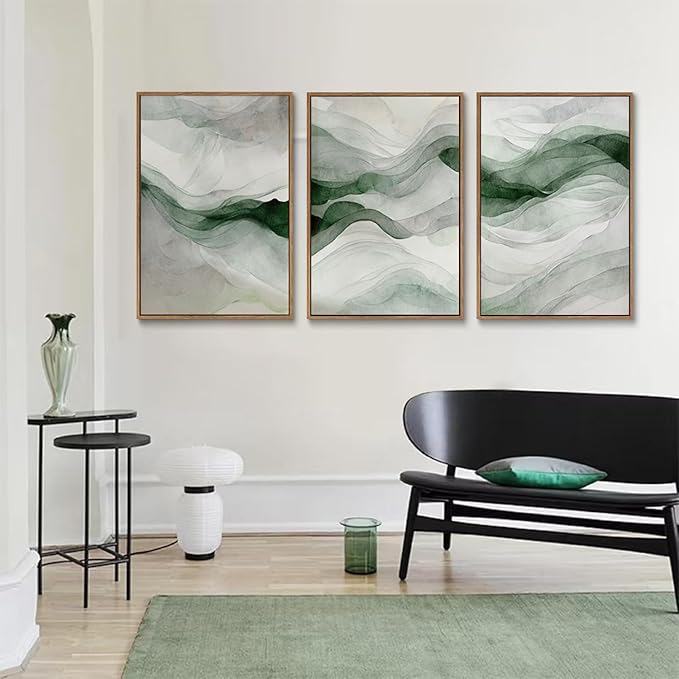 myusuar 3 Piece Large Abstract Framed Wall Art For Living Room, Smoke Texture Ink Teal Soft Green Canvas Wall Art Modern Minimalist Art Prints Wall Décor For Bedroom Office 24x36in