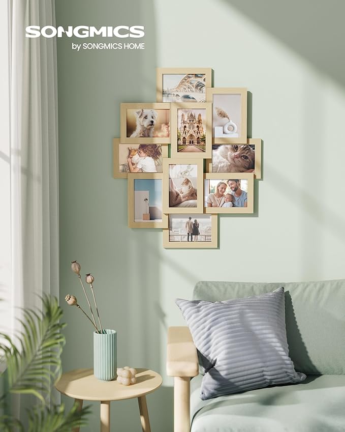 SONGMICS 4x6 Collage Picture Frames, 10-Pack Photo Collage Frame for Wall Decor, Glass Front, Assembly Required, Natural Beige URPF020N01