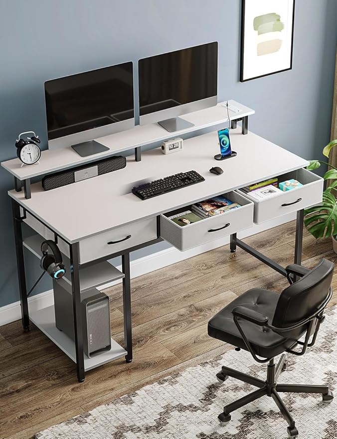 Rolanstar Computer Desk with Power Outlets & LED Light, 47 inch Home Office Desk with Drawers and Storage Shelves, Writing Desk with Monitor Stand, Modern Work Study Desk for Home Office, White
