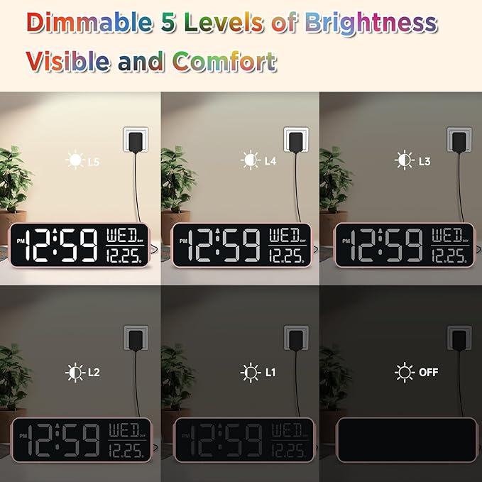 Peakeep Kids Digital Alarm Clock for Bedrooms, Date Day of Week Large Display Numbers 6 Brightness Dimmer, 5 Volume Loud for Heavy Sleepers, 8 RGB Colors Electric Desk Clock Battery Backup, Auto DST
