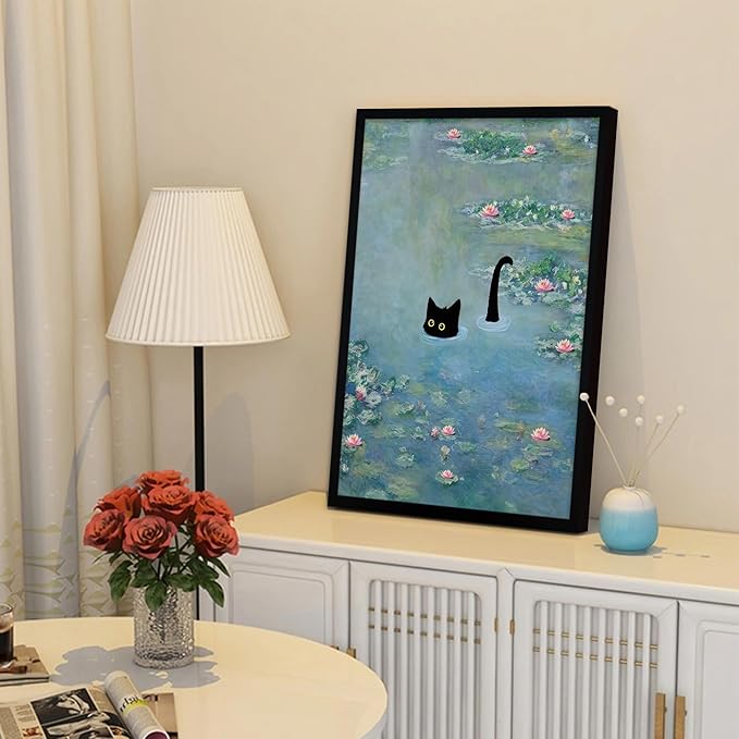 Fantasy Artists Monet Water Lilies Cat Wall Art, Framed Vintage Canvas Art Wall Decor, Funny Black Cat Posters Prints for Bathroom Bedroom Living Room Home Office Decorations 16" Wide X 24" Height