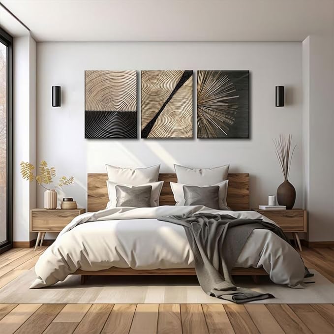 3Pcs Retro Wood grain Abstract Canvas Wall Art Minimalist Black Golden Line Texture Wall Decor Pictures Neutral Geometric Beige Brown Poster Prints for Living Room Bedroom Home Decoration 12x16in