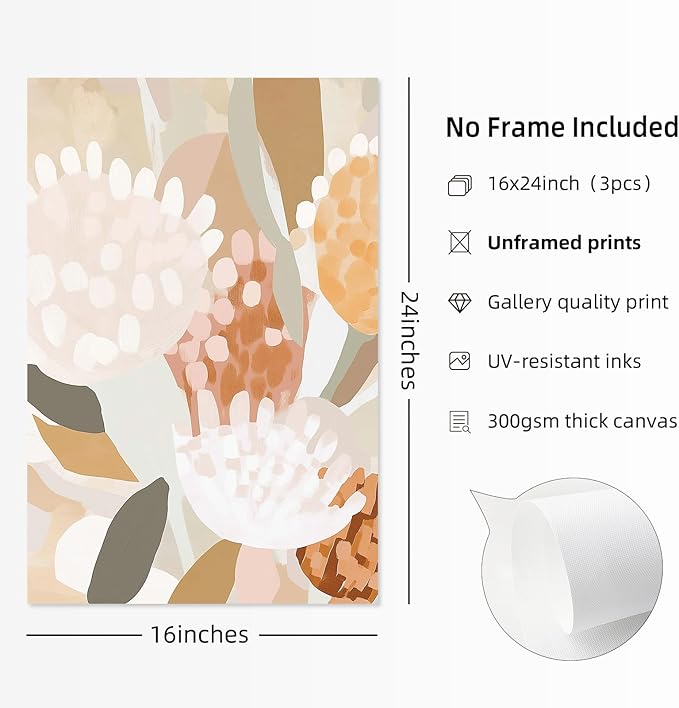 Abstract Flower Wall Art Boho Floral Wall Decor Modern Botanical Canvas Prints Neutral Banksia Flower Pictures Minimalist Floral Poster Painting for Bedroom Living Room 16x24 Inch Unframed Set of 3