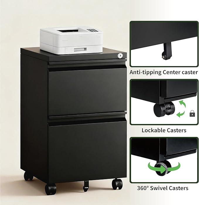 2 Drawer File Cabinet with Lock,Rolling Filing Cabinet with Wheels for Home Office,Under Desk Metal File Cabinet,Office Storage Organizer,Black