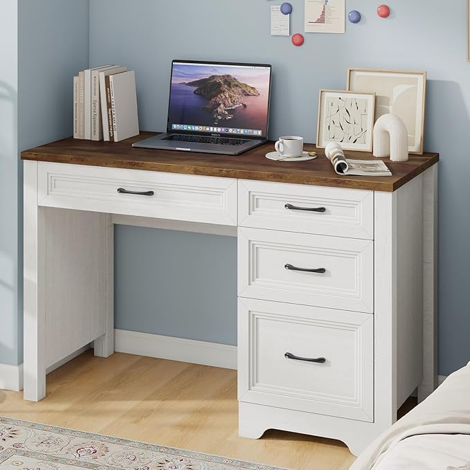 Farmhouse Executive Desk with Drawers, Wood Computer Desk with Ample File Drawer, Rustic Home Office Desk with Storage for Bedroom, Living Room, White