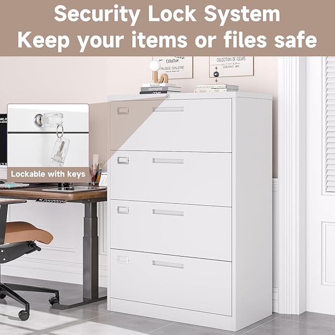 4 Drawer Lateral File Cabinet with Lock, Metal Filing Cabinets for Home Office, Wide Locking File Caninets, White Office Storage Cabnet for Hanging Letter/Legal / A4 / F4 - Assembly Required
