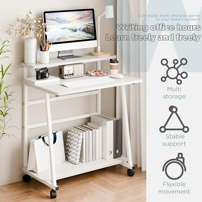 3 Tiers Rolling Computer Desk on Wheels, 80x50cm Small Computer Desk for Small Space, Work Office Desks with Monitor Stand, Student Writing Desks with Lockable Wheels (White)