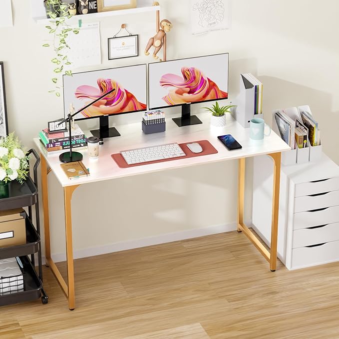 Dkelincs 47 Inch Computer Desk Home Office Desk Gaming Writing Desk Modern Simple Style Study Work Table with Metal Frame, Large Legroom, Adjustable Feet, Water-Resistant, Scratchproof Surface, Gold