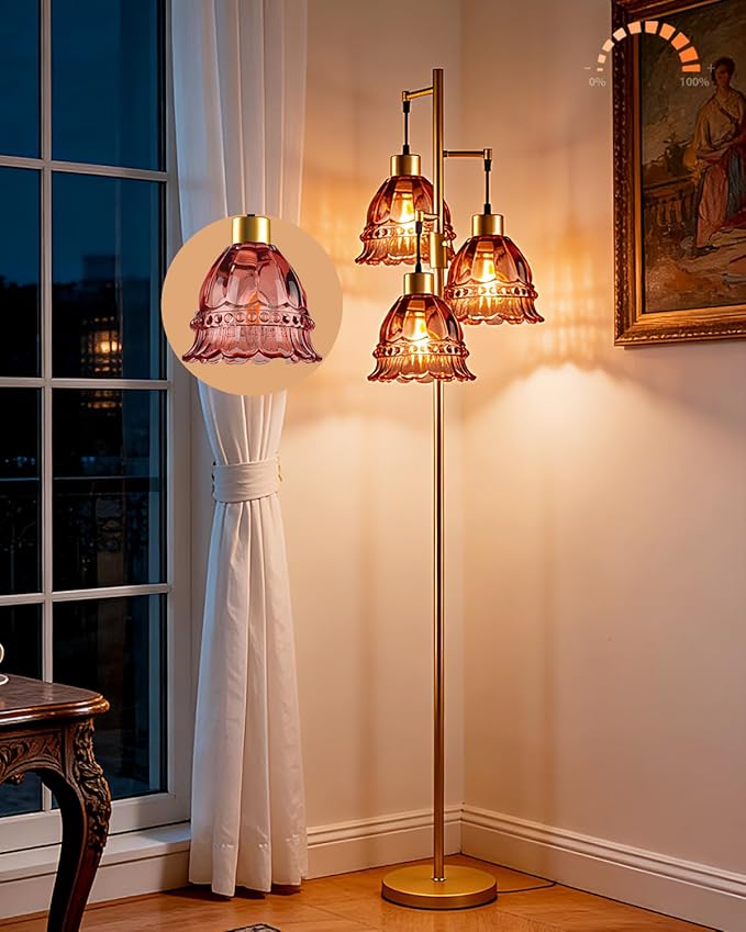 Lightdot 3-Lights Glass Floor Lamp Dimmable Gold Floor Lamp with Deep Red Glass Shade 3000K Bulbs Included Unique Modern Standing Tall Lamp for Living Room/Bedroom/Sofa Beside/Corner Decor