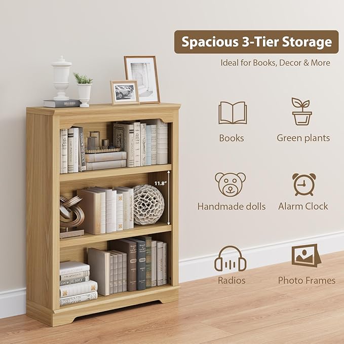 HIFYOBRO 3 Tier Bookshelf and Bookcase.31.5" Wide Wooden Book Shelf, Freestanding Open Display Storage Bookshelves for Study Room, Home Office, Living Room