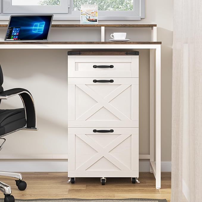 3 Drawer Small File Cabinet with Wheels, Farmhouse Vertical Filing Cabinet Fits Letter/A4 Size, Rolling File Cabinets Wooden Printer Stand for Home Office, Rustic White