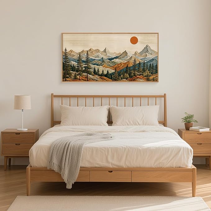 Ausril Boho Woodcut Mountain Framed Canvas Wall Art Set, Woodcut Pine Tree Wall Decor, Brown Wooden Forest Wall Painting, Vintage Mountain Sunrise Art Print for Living Room, Bedroom, Office 20"X40"