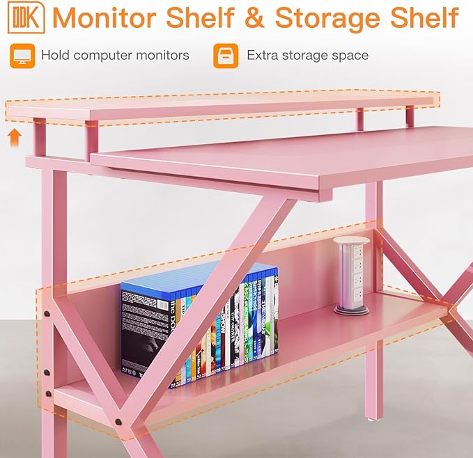 ODK Small Desk, 27.5 Inch Computer Desk for Small Spaces, Kids Desk with Storage, Study Table with Monitor Stand for Homeschool, Pink