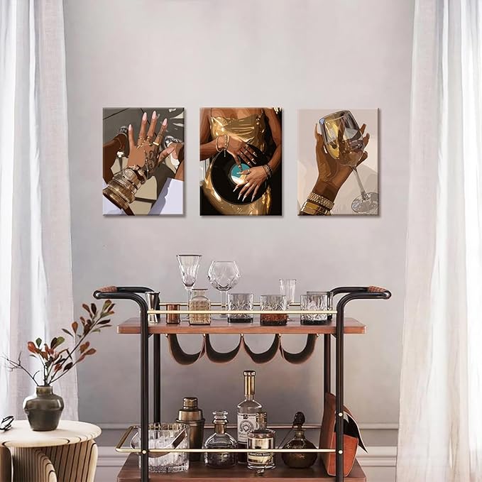 TUEASKY 3 Piece Canvas Wall Art Black Girl Wall Decor Music Record Pictures Paintings Gold Fashion African American Prints Y2K Artwork for Living Room Pop Bar Party