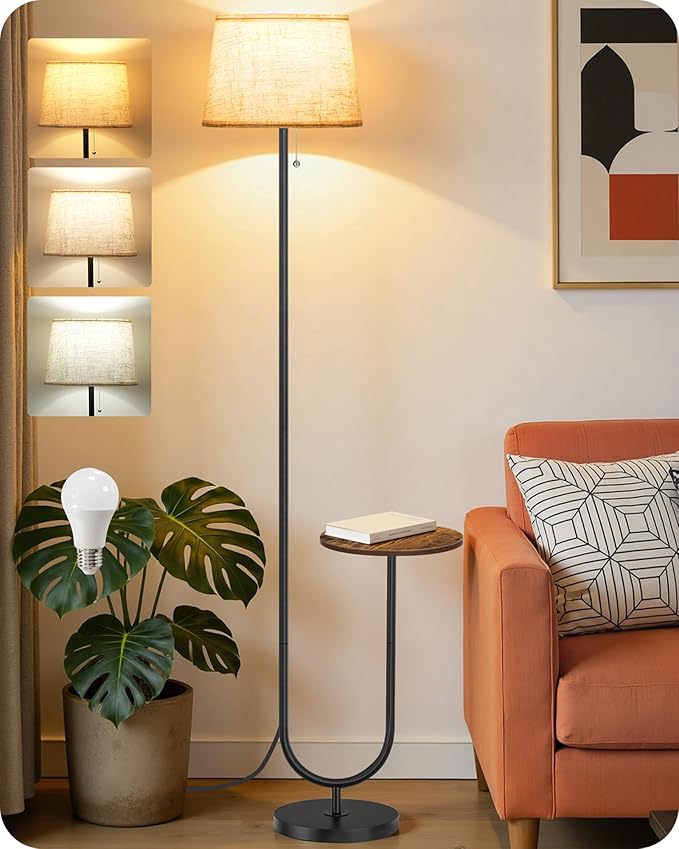 Floor Lamp with Side Table, Standing Lamp for Living Room with Tray, Pull-Chain Switch, for Living Room, Bedroom, 3 Color Temperatures, 9W LED Bulb Included, Rustic Brown and Beige FE21LD05