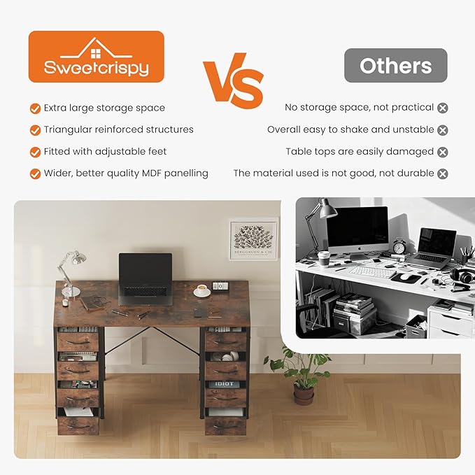 Sweetcrispy Desk with 8 Fabric Storage Drawers, Computer Office 47 Inch Gaming Writing Study Table with X-Shaped Reinforced Structure for Home Office Bedroom PC Desk, Brown