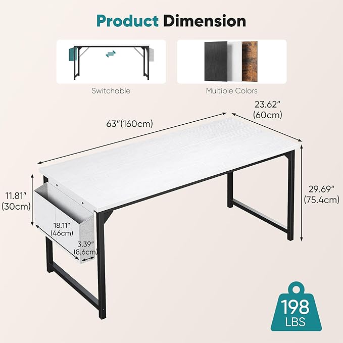 OLIXIS Computer Desk 63 Inch Home Office Desks for Small Spaces, Gaming Writing Study Work Table with Storage Bag and Headphone Hook for Bedroom, White