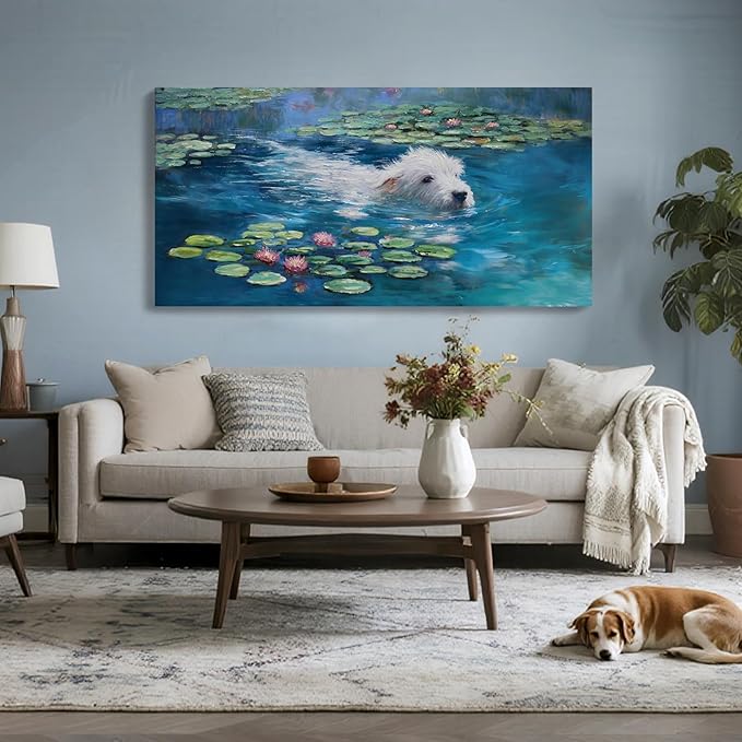Dog Monet Wall Art with - Large Canvas Wall Art for Bedroom - Framed Landscape Pictures Decor - Classic Vintage Artwork for Living Room, Bedroom, or Office Paintings Wall Decor 29×58IN