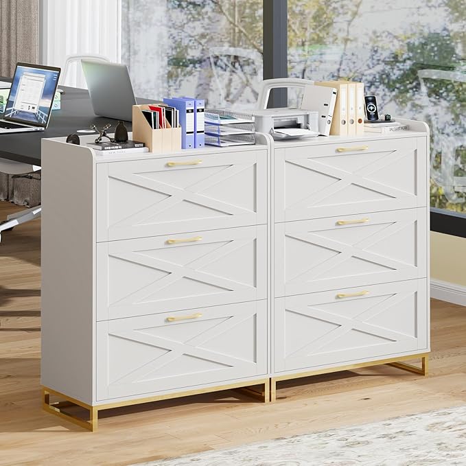 File Cabinet with 3 Drawers, Lateral File Cabinet for Letter/Legal/A4 Size Hanging Files, Large Wood File Storage Cabinets Printer Stand for Home Office, White