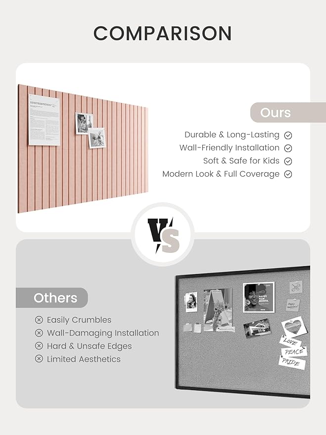 Bumusty Large Cork Board Alternative-36 x 24" Felt Bulletin Board Tiles, with 30 Pushpins, 40 Adhesive Tabs, 6-Pack Slat Wall Paneling, Cork Boards for Office Push Pin Board Felt Board-Pink