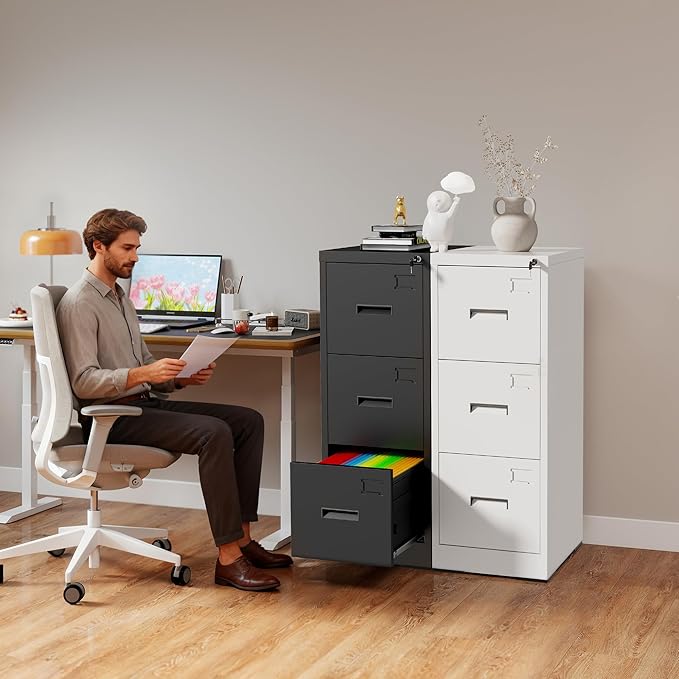 3 Drawer File Cabinet with Lock, Vertical Filing Cabinets for Home Office, Heavy Duty File Cabinet, Metal Storage Cabinets for Letter/Legal/A4/F4 Size Assembly Required, White