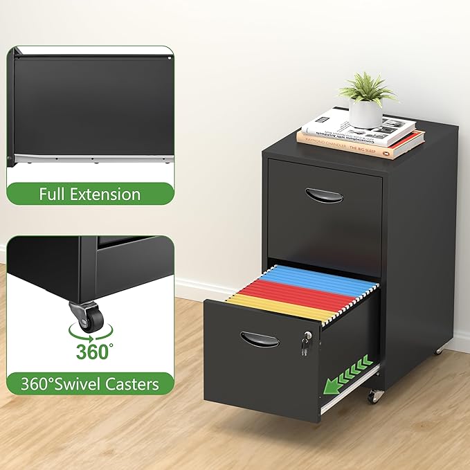 2 Drawer Rolling File Cabinet with Lock,Filing Cabinets for Home Office,Two Drawer File Cabinet, Mobile Under Desk File Cabinets, Printer Stand with Wheels Fit Letter/A4,Assembly Required