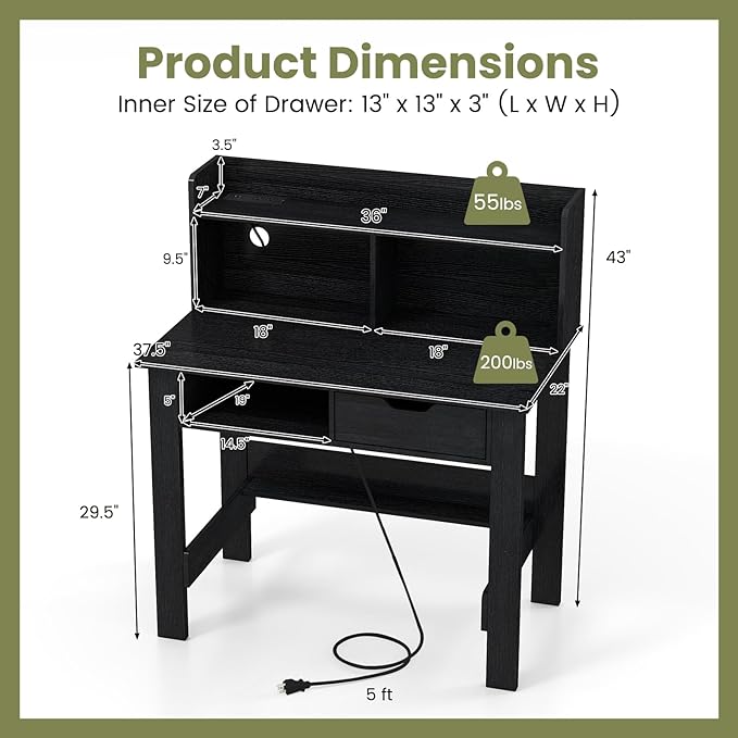 Giantex Computer Desk with Hutch, Home Office Desk with Power Outlets, USB Ports, Type-C, Storage Shelf & Drawer, Modern Laptop PC Table Computer Workstation, Study Writing Desk for Bedroom, Black