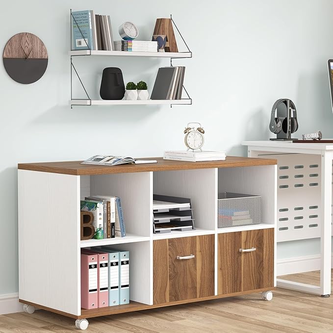 Tribesigns 2 Drawers Lateral File Cabinets, Home Office 47-inch Mobile Wood Filing Cabinet Printer Stand with Wheels and Open Storage Shelves,Drawers for Letter Size (White)
