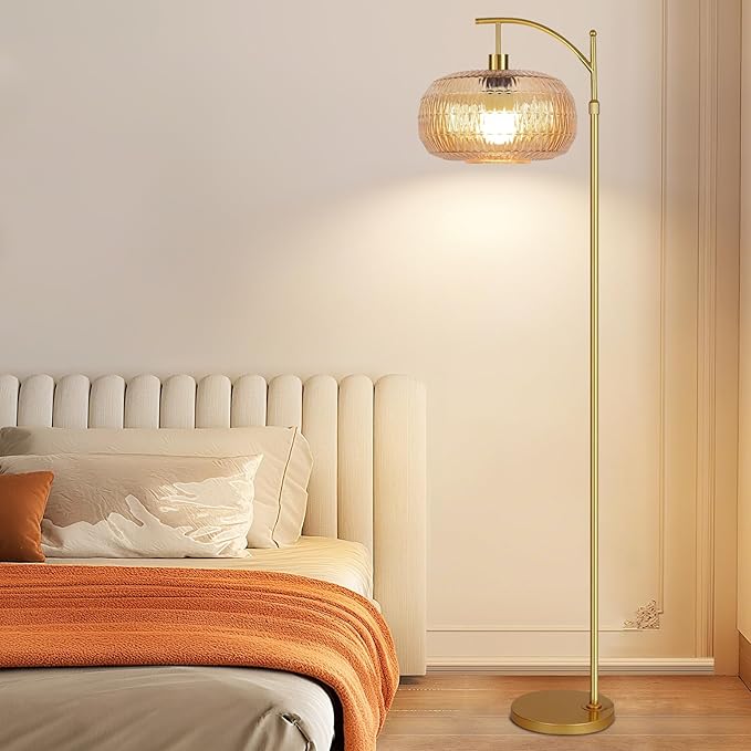 Glass Floor Lamp for Living Room,Bedroom,Gold Dimmable Standing Lamp with Remote,Mid Century Modern Brass Tall Lamp Retro Vintage Lamp Floor Light Boho Bohemian