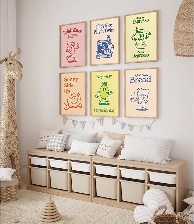 Retro Trendy Wall Art Decor Kitchen Aesthetic Canvas Wall Art Vintage Cute Pictures Funny Green Posters Retro Pink Prints Vintage Gallery Painting Funky Artwork for Room 8x10 Inch Unframed Set of 6