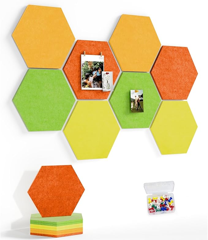 8 Pack Hexagon Felt Bulletin Board Tiles - 11.8" Large Thick Pin Board for Walls with 30 Push Pins, DIY Boards for Office Home School Decor, Aesthetic Hex Cork Board Alternative