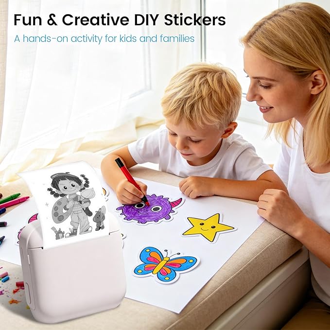 Mini Sticker Printer, Portable Bluetooth Inkless Thermal Label Maker with 3 Rolls Paper, Rechargeable Sticker Print Pod for Journaling, Notes, DIY Crafts, Home & Office