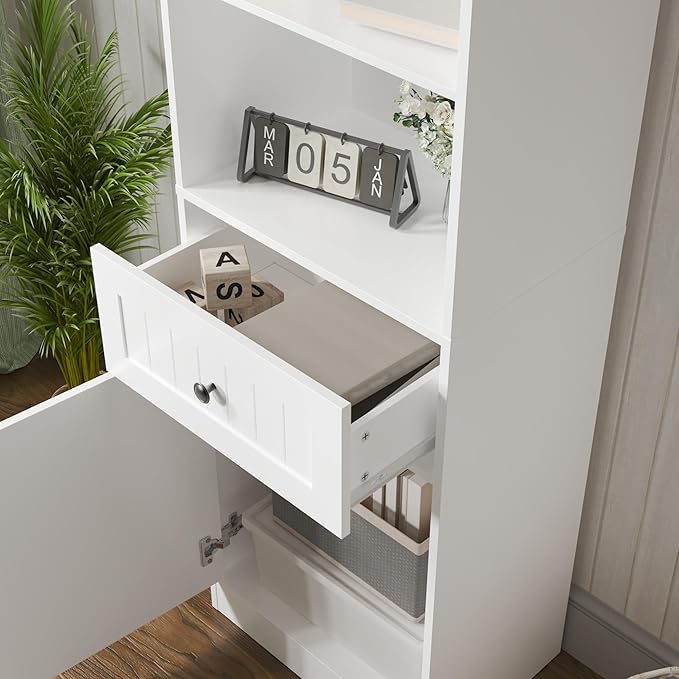 Farmhouse 71" Tall Bookshelf with Drawer, Narrow Bookcase with Adjustable Left/Right Door, Adjustable Shelf, Freestanding Display Book Shelf for Bedroom,Living Room, Office, White