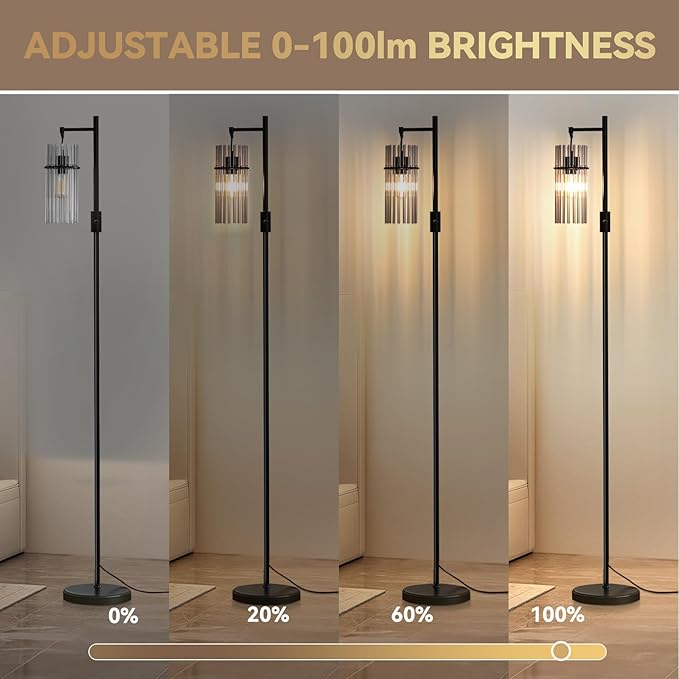 Industrial Modern Floor Lamps for Living Room, Dimmable Glass Tree Standing Tall Lamps with 3 Elegant Teardrop Cage Head & 800 Lumens LED Bulbs for Bedroom Office (66inches Black)
