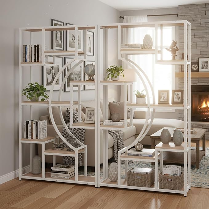 70.8" Tall Bookshelf Set of 2, Etagere Bookcases with 18 Storage Shelves, 79" Wide Geometric Display Shelf with Adjustable Feet & Anti-Tip Kit for Living Room, Home Office