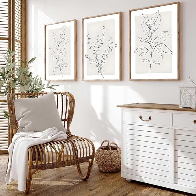 3Pcs Neutral Botanical Wall Art Minimalist Abstract Botanical Line Canvas Posters Prints Modern Beige Boho Plant Paintings Wall Decor Pictures for Bedroom Living Room Home Decoration, Unframed
