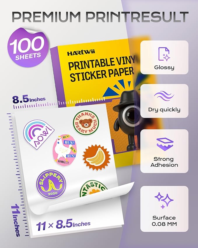 Printable Vinyl Sticker Paper-100 Sheets Glossy White Self-Adhesive Sticker Paper 8.5x11"Waterproof Labels, Quick-Drying Vivid Colors & Tear-Resistant Removable, for Inkjet & Laser Printers
