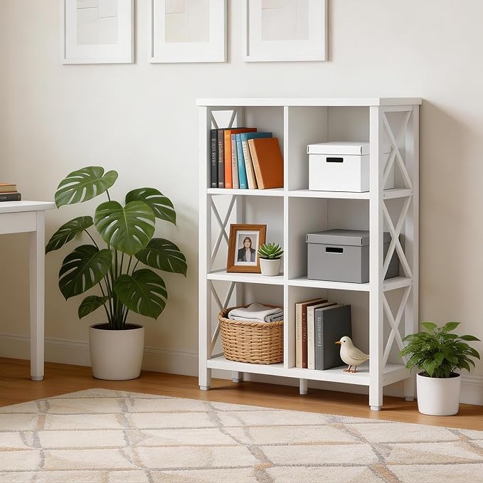 FATORRI 6 Cube Storage Organizer Shelf, Wood and Metal Cubby Bookshelf, Modern Cube Book Shelf (White Oak)
