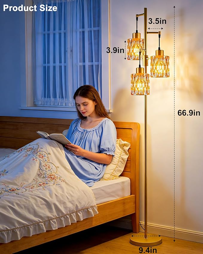 Lightdot 67" 3-Light Glass Floor Lamp for Living Room, Dimmable with Brown Glass Shade & E12 Bulbs Included, Mid Century Standing Tall Lamp for Bedroom/Sofa Beside/Corner Decor - Gold