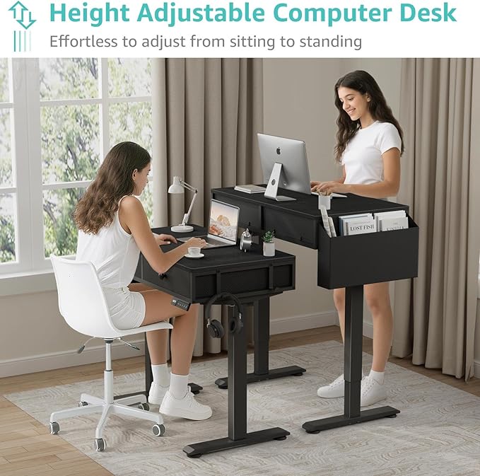 Electric Standing Desk with Drawers - 32 Inch Small Black Height Adjustable Sit Stand Desk with Storage for Home Office Bedroom, Study Writing Compact Stand up Computer Desks for Boys Girl Work