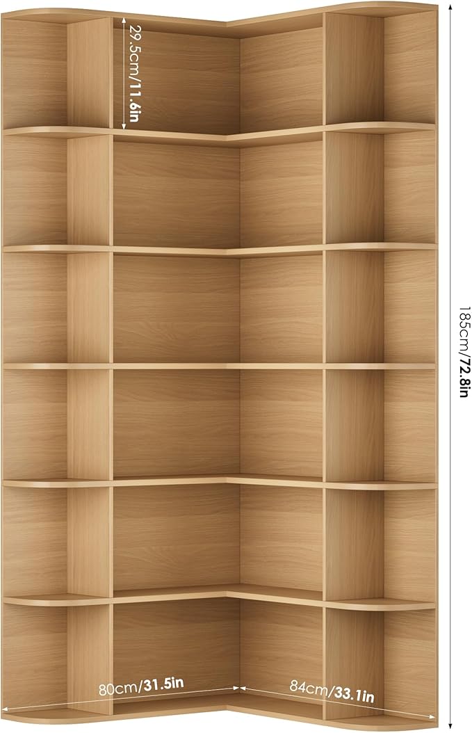FOTOSOK 74” Tall Corner Bookshelf, 6-Tier Bookshelf and Bookcase with Open Storage, Tall Bookcases Wooden Storage Shelves for Home Office, Thickened Boards for Better Load Bearing, Natural