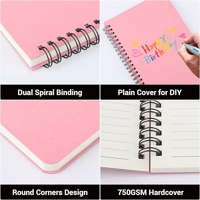 EUSOAR Notebook Spiral, 3 Packs 5.5" x 8.3" 120 Pages Pink A5 College Ruled Paper, 100gsm Hardcover Lined Travel Writing Notebooks Journal, School Supplies Composition Office Meeting Essentials
