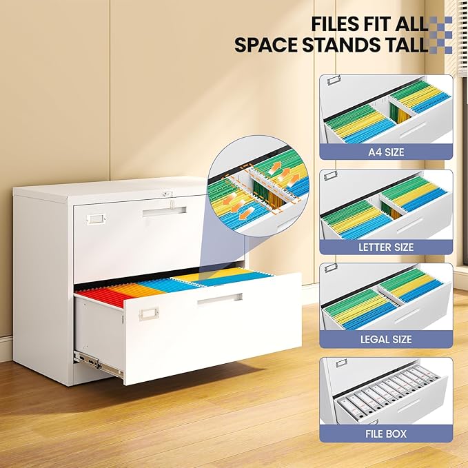 2 Drawer Locking Lateral File Cabinet, Wide&Deep White Metal Filing Cabinet for Letter/Legal/A4/F4 Files, Includes Card Holder and Hanging Folders for Home Office, School, Business