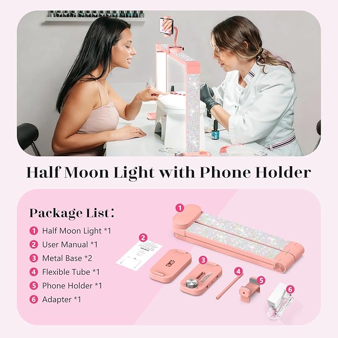 Yokilly 48W Half Moon Light: 34" Shadow-Free Half Moon Light for Desk Salon - Foldable LED Desk Lamp with Stepless Brightness 3000K-6500K for Manicurist Nail Tech (Pink Diamond, Large)