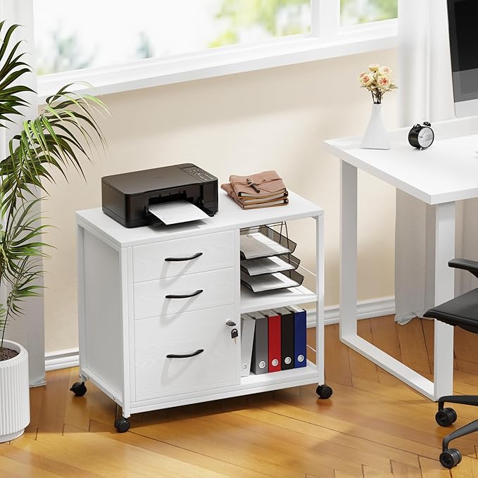 Lulive File Cabinet for Home Office, Filing Cabinet with Lock and USB Charging Port, 3 Drawer File Cabinet, Rolling File Cabinet with Storage for A4, Letter Size, White, HI1355