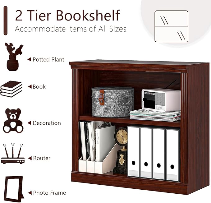 2-Tier Bookshelf Basic Book Case, Wooden Storage Shelves Rustic Floor Standing Bookshelves, D:12.8" x W: 29.5" x H: 28.2", Sturdy Display Cabinet for Living Room, Library, Office, Cherry